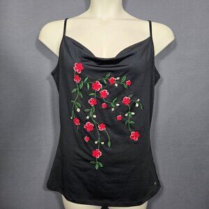 Y2K Tank Top Womens Size L Black Floral Embroidered Fairy Goth Witchy Boho